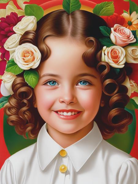 marble, style of margaret brundage, cheerful, happy, girl 6 years old , symmetrical, very detailed eyes, beautiful lips, beautiful hairstyle , floral background, clearly drawn lines, Ultra realistic photorealistic , Emile Munier stil, Alberto Vargas stil, no text