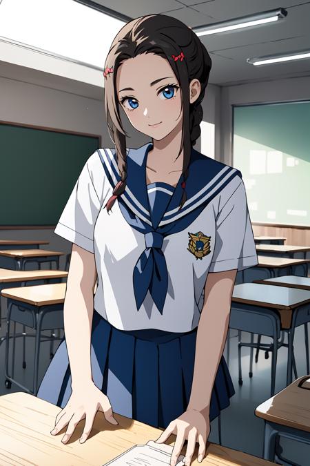 (RAW photo, best quality), 1girl,  natural lighting, indoor, classroom, shy,
 <lora:srw_og_rio_mei_long_v1_2-000003:1>, srw_rio_mei_long, 
sailor shirt, school uniform,