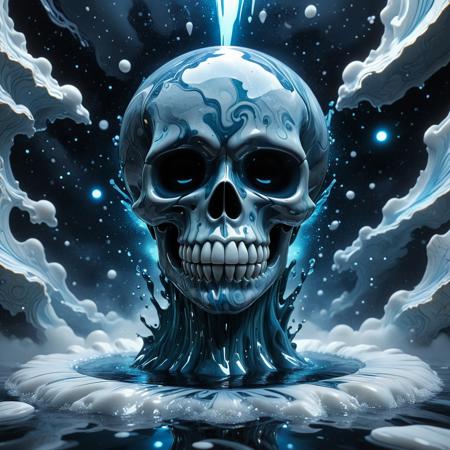 Liquid Marble, A close-up anime-style illustration in a cyberpunk aesthetic, featuring a crystalline floating skull facing the viewer with its mouth agape, pouring a shimmering liquid that resembles the universe itself onto the ground. The liquid sparkles with stars and swirling galaxies, while a simple void backdrop, shrouded in fog, amplifies the dark, mysterious atmosphere, capturing the hypnotic flow and cosmic shimmer of the liquid. midjourneyv6.1