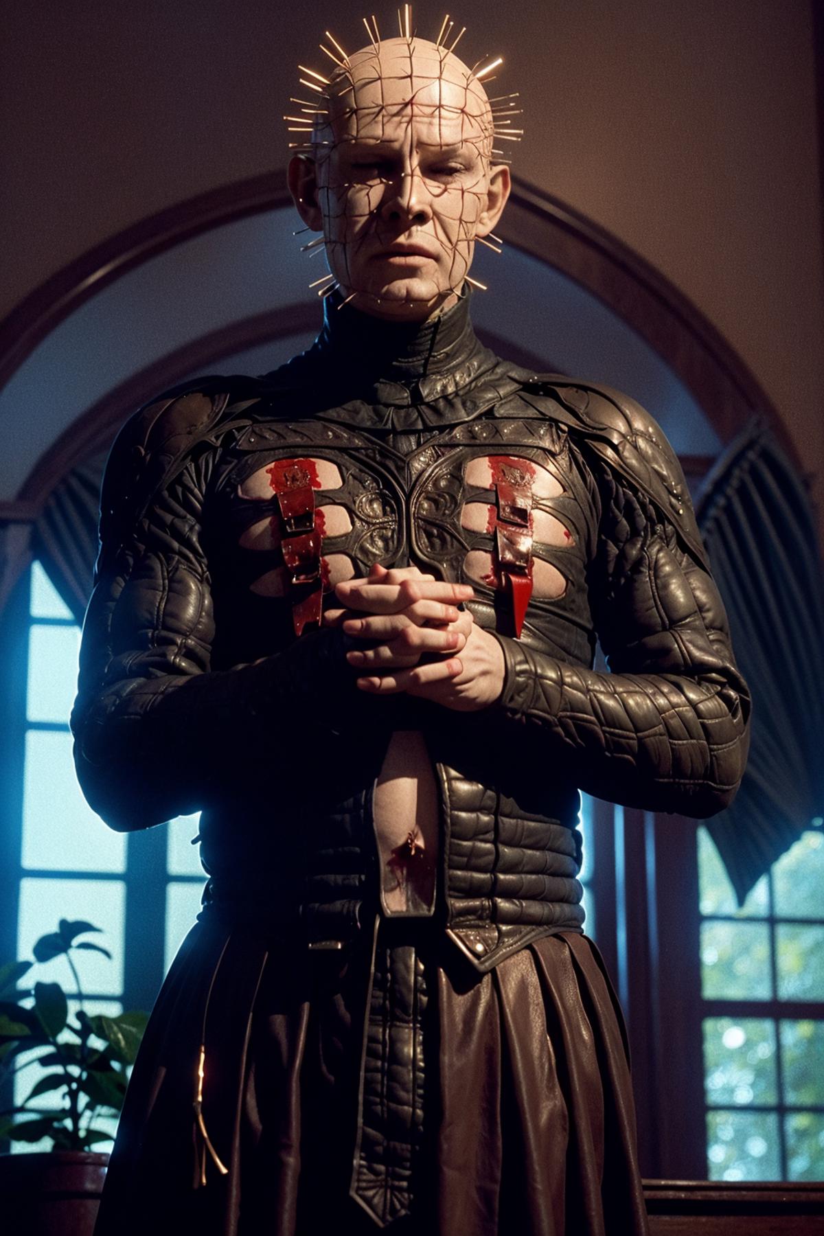 Man with metal spikes in his hands and blood on his chest wearing a black outfit with a split.