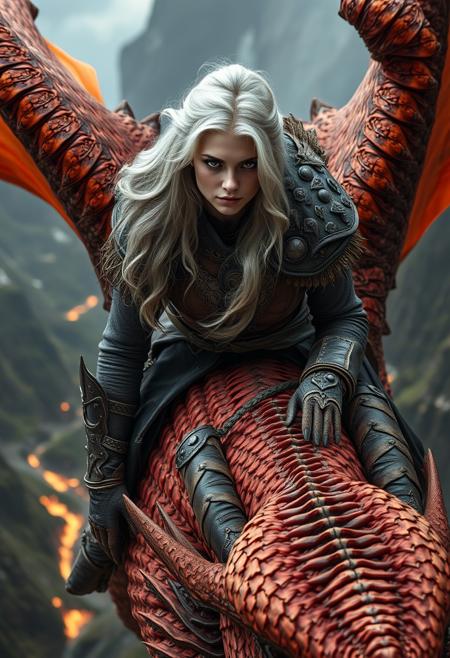 portrait of a stunning barbarian platinum blonde female dragonrider wearing leather armor, fur and lace clothing, riding on the back of a majestic fire dragon flying over a steep valley, leaning forward over its neck. High Detail, detailed face, face on sharp focus, Perfect Composition, realistic photographic image, sharp focus, complex lighting