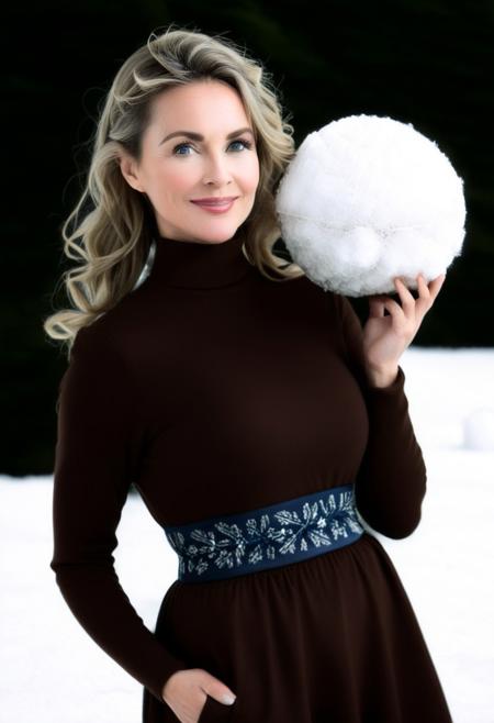 snowflake, winter, snow, European women, Large breasts, long hair, blond hair, older female, score_9, score_8_up, score_7_up, score_6_up, score_5_up, score_4_up, cose-up, face focus, upper body, semi side view, UHD, 8K, masterpiece, detailed, <lora:add-detail-xl:1.4>, ultra_high_resolution, lots of detail, OverallDetailXL, detailxl, regalres, Masterpiece, 32k, photorealistic:1.4, score_9, score_8_up, score_7_up, Caitlin, (small waist:2.9), fitness body, toned muscles, wide hips, slender legs, high cheekbones, oval face, 27 years old, mature female, milf, makeup, curvy, garden, pretty face, SUPERMODEL, jewelry, solo, lillybunz, big bright eyes:, beautiful eyes, fully dressed, high turtle neck, straw winter coat, outdoors, hands hidden, short sleeves, hands behind the back, wrinkles, blonde, smiling, 1girl, blue eyes, closed dress, high neck closure, fully dressed, long dress, red dress, (snow pattern:2), (trowing snowball:2.2).