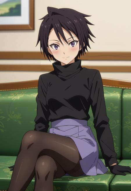 SakaguchiHinata short hair, black hair, purple eyes white coat, turtleneck shirt, black shirt, breastplate, black gloves, belt, purple skirt, black pantyhose