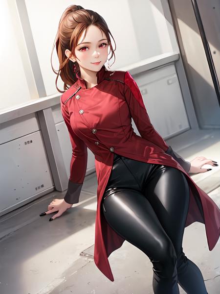 (extremely detailed CG), (best quality), 1girl, perfect face,shiny skin,narrow waist, wide hips   <lora:ReikaShindai-10:0.8> ReikaShindai, black pants,black nails,jacket,boots,red eyes,pants,long sleeves,red coat,brown hair,ponytail,coat,long hair,earrings, jewelry,blushed, smile,