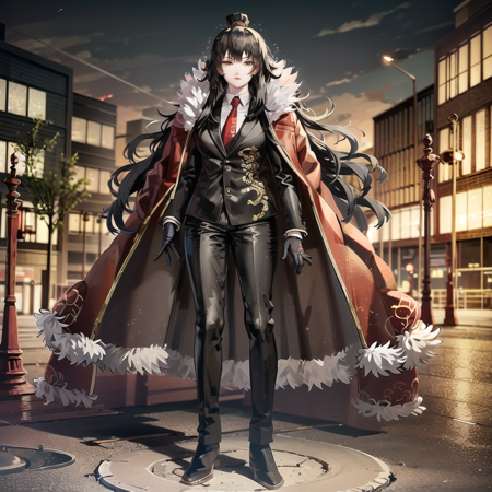 xiao an imaginary anime girl dressed  and posing, 1girl, solo, long hair, black hair, necktie, city background, fur trim, gloves, outdoors,, black gloves, red necktie, black footwear, full body, vest, coat, xiao,