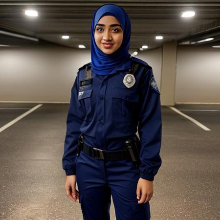 18 year Arab female security guard patrolling an parking garage at night. Pleasant smile. Brown eyes. Blue hijab. Carrying a flashlight. White uniform dress shirt with navy blue tie. Full body shot. Wearing long, navy blue cargo pants. Open blue security uniform jacket. Hair in a ponytail. Size B small breasts. (muslim)