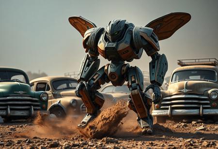 "Create an 8k, hyper-realistic rendering of an Ancient Gear Golem robot, inspired by Bumblebee, with a dark green color scheme. The robot should be made of wooden armor plating, with intricate details and the golden ratio in mind. It should be positioned as if kicking up dirt in a battletech style setting, surrounded by scrap cars. The rendering should have dramatic lighting and display lifelike textures, such as freckled skin, for added realism. Niels Lergaard's style should be emulated."