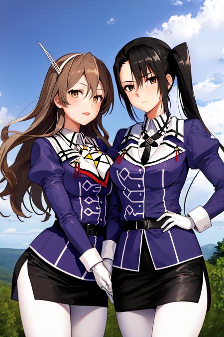 2girls,  outdoors, BREAK
<lora:AshigaraKancolle_V10:1>, ashigara \(kancolle\), military uniform, white hairband, purple jacket, neckerchief, white gloves, black belt, black skirt, miniskirt, pencil skirt, white pantyhose, BREAK
<lora:NachiKancolleV2:1>, nachi \(kancolle\), military uniform, purple jacket, collared shirt, white shirt, black necktie, white gloves, black belt, black skirt, miniskirt, pencil skirt, white pantyhose,