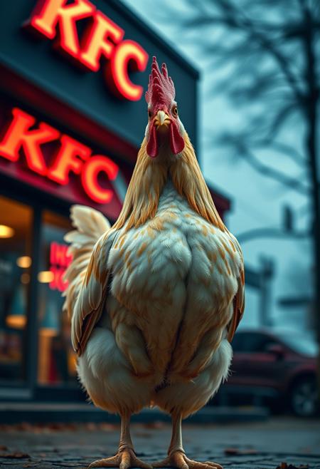 “A realistic, detailed chicken standing confidently in front of a KFC restaurant. The chicken has bright feathers, a sharp gaze, and a proud stance as if aware of its surroundings. The KFC logo is visible in the background, slightly blurred for depth. The scene is captured in a cinematic style with balanced lighting, slightly warm tones, and a shallow depth of field. The image should have high detail in the feathers and a slightly humorous undertone, emphasizing the irony of the setting.”