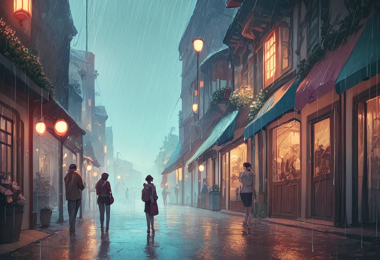 score_9, score_8_up, score_8. score_9, score_8_up, score_7_up, masterpiece, 4k, high quality, (best quality:1.1),anime, beautiful drawing, rainy street, a melancholic nerd looks at the sky with rain mixed with tears and wonders about the future