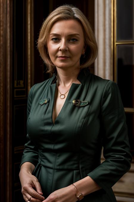 <lora:Liz_Truss:1> masterpiece, best quality, detailed face, 1woman, solo, a mature l1873t, realistic, green dress