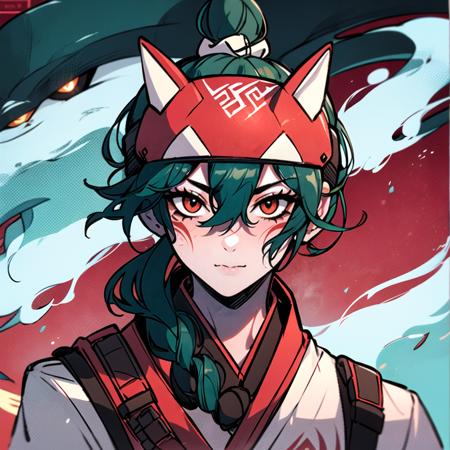 <lora:akai_v2:0.8>,green hair, ponytail, facial mark, fox mask, half mask, kiriko (overwatch),red background,red,  <lora:redlikerosesv3:0.6>