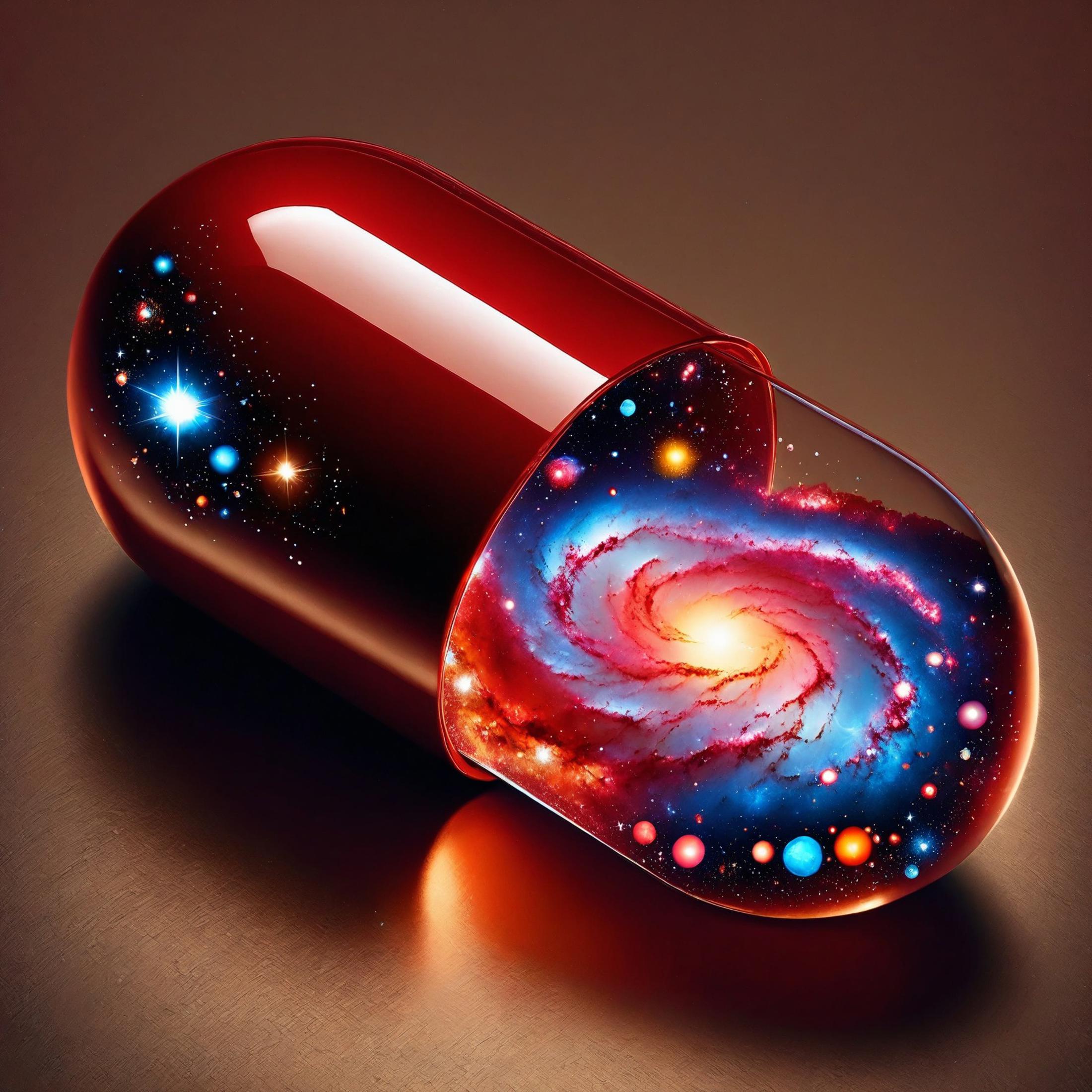 A red pill with a galaxy inside it.