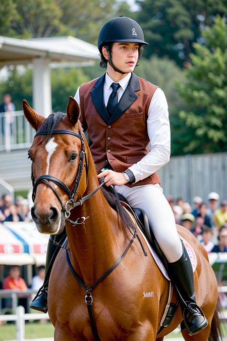 photo of a man, (wearing equitation_outfit, wearing cap:1.3), white equitation_outfit,
good hand,4k, high-res, masterpiece, best quality, head:1.3,((Hasselblad photography)), finely detailed skin, sharp focus, (cinematic lighting), night, soft lighting, dynamic angle, [:(detailed face:1.2):0.2], medium breasts,(((riding a horse in front of a crowd))), outside,   <lora:equitation_outfit-10:0.5>