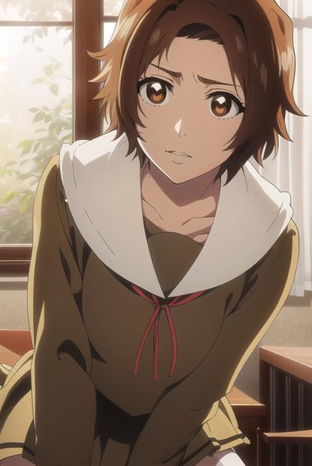 masakikurosaki, <lora:masakikurosakitest:1>,
masaki kurosaki, short hair, brown hair, (brown eyes:1.5),
BREAK skirt, ribbon, school uniform, pleated skirt, serafuku, socks, kneehighs, white socks,
BREAK looking at viewer,
BREAK indoors, classroom,
BREAK <lora:GoodHands-vanilla:1>, (masterpiece:1.2), best quality, high resolution, unity 8k wallpaper, (illustration:0.8), (beautiful detailed eyes:1.6), extremely detailed face, perfect lighting, extremely detailed CG, (perfect hands, perfect anatomy),