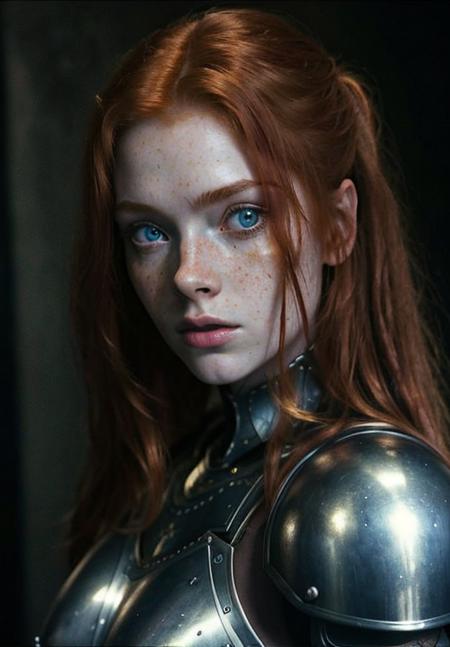 ginger, portrait, masterpiece, black steel armor, full plate armor, Big Close-Up, pale skin, straight long hair, big blue eyes, freckles, wet hair, best quality, highly detailed, cinematic film, dramatic lighting shadow, kodak, vignette, high budget, epic film grain, grainy, hyper detailed, expressive,  award winning, intricate details, looking at viewer, dynamic pose, atmospheric haze, cinematic film still, highly detailed, high budget, photorealistic, candid camera, color graded cinematic, eye catchlights, atmospheric lighting, natural <lora:ginger_v03:1>