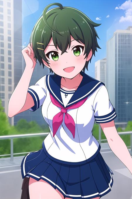 wakabasubaru green hair, ahoge, hair between eyes, hairclip, short hair, green eyes blue jacket, blazer, red bowtie, sleeves rolled up, bracelet, green skirt, plaid skirt, school uniform