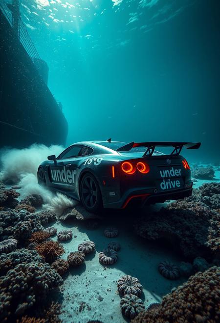 a sunken sport car is fast driving on the ocean floor, lot of small air bubbles are coming from the car, dust from the ocean floor is coming from the wheels, there are many corals under the water, beautiful lighting, big text on car body "under drive", sport car on ocean floor, the car drives through a huge sunken ship