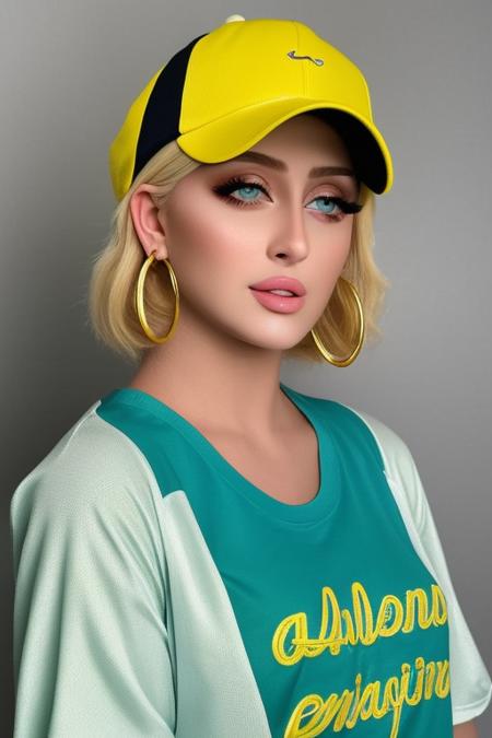 masterpiece, best quality, 1girl, aqua eyes, baseball cap, blonde hair, closed mouth, earrings, green background, hat, hoop earrings, jewelry, looking at viewer, shirt, short hair, simple background, solo, upper body, yellow shirt