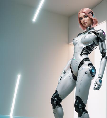 (masterpiece, high resolution, CGI:1.4), (depicting a futuristic cyborg woman with striking pink hair:1.3), (her eyes emanating a mesmerizing blend of green and blue light:1.2), (a combination of human and robotic elements seamlessly integrated throughout her body:1.3), (her arms replaced with sleek, metallic limbs, adorned with intricate circuits and glowing symbols:1.3), (her legs enhanced with bionic enhancements, allowing her to move with grace and precision:1.2), (her skin featuring a seamless blend of organic and synthetic materials, giving her a unique appearance:1.2), (her robotic enhancements designed with meticulous attention to detail, showcasing a balance of aesthetics and functionality:1.2), (the Canon EOS R6 camera used to digitally capture this stunning creation:1.4), (paired with the Canon RF 85mm f/1.2 L USM lens for precise rendering of her features:1.4), (the laboratory environment exuding a sleek and minimalistic design:1.2), (clean white walls and polished metallic surfaces reflecting the futuristic ambiance:1.2), (subtle neon lights casting a soft glow, enhancing the futuristic atmosphere:1.2), (advanced holographic displays showing complex data and schematics:1.2), (the cyborg woman standing confidently amidst the advanced technology, exuding a sense of power and intelligence:1.2), (a captivating and thought-provoking portrayal of the merging of human and machine:1.2).