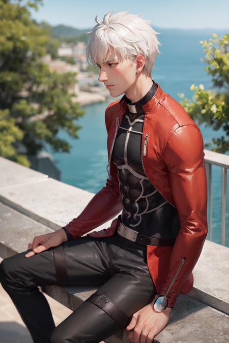 (masterpiece, best quality:1.2), <lora:fate_archer-10:1>, solo, male focus, 1boy, archer \(fate\), dark skin, dark-skinned male, muscular, expressionless, closed mouth, looking afar, sitting on a ledge, white hair, red cropped jacket, long sleeves, black shirt, black pants