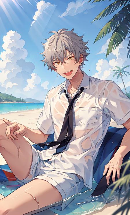 <lora:koga:0.6>,1boy, gold eyes,detailed eyes,:d, teeth, shirt, necktie,wet,sitting,rainbow,bubble,sea,beach background, sunlight, bird, coconut trees, lapels,ray tracing,(god rays),plants,lapels,ray tracing,(god rays)