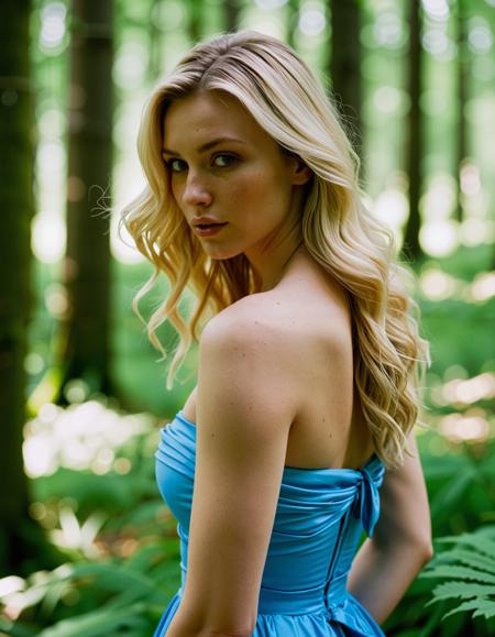 close up analogue photo of a beautiful 25 years old blond woman, clear focus, high resolution image, RAW full body analogue photo of a beautiful 25 years old woman, clear focus, high resolution image,  ,wearing ocean blue off-the-shoulder dress with a cinched waist and white heeled sandals,,low light, soft natural light, Rembrandt style light, Hasselblad DLSR camera, 200mm Zeiss lens, f/2.8, ,Sexy pose, erotic pose, exhibitionism, ,Enchanted forest