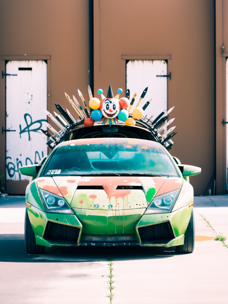 Weird Cars Concept, a green bubble futuristic car with a large engine in the back, knives on the wheels, splatter spray painted detail, clown car style, rusted, old, extreme light and shadow, Drag queen standing by the hood, kawaii, realistic, <lora:Euro_carsSDXL:1>