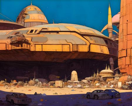 a huge ((trash junkyard space ship hanger)), hard lighting, pastel colors, art by WASMoebius