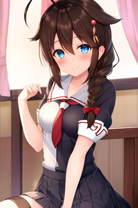 masterpiece, best quality, highres, solo, {shigure_kantaicollection:1.10}, long_hair, blue_eyes, ahoge, hair_flaps, braid, single_braid, hair_ornament, brown_hair, blush, smile, black_hair, breasts, hair_between_eyes