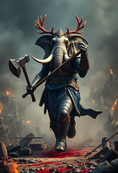 hyperrealistic, anthropomorphized elephant/human female (with female human body, elephant head), grey skin, bald, large tusks, large elephant trunk, 
knight, blue and gold full armor, long pelvic curtain, muscular thighs, holding a midevil war-hammer, knight, crown of red antlers,
charging into battle, fighting, hero pose, surrounded by smoke, surrounded by blood, blood splattered on floor, midevil battlefield, burning rubble, 
cinematic composition and lighting. Masterpiece. 8k. Very detailed.