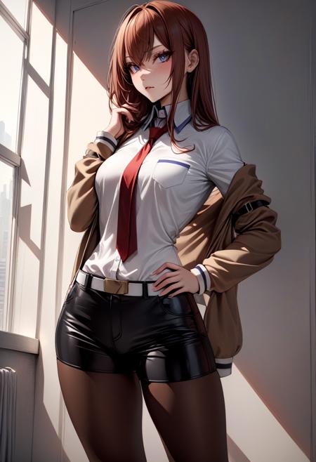 makise kurisu jacket, off shoulder, collared shirt, red necktie, black shorts, pantyhose, legwear under shorts