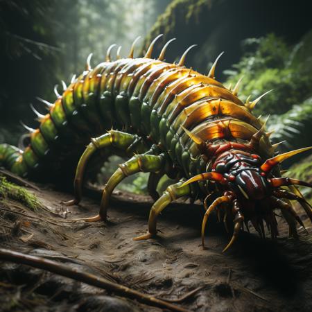 highly detailed documentary photo of giant centipede:1.3,

red eyes, yellow banding, antennae, claws, blurry, realistic, spikes, green body,

masterpiece, best quality:1.1, 

ultra photoreal, photorealistic:1.0, sharp focus:1.1, 
depth of field:1.1, 

50mm, style of Nathan Wirth, Hasselblad X1D II, Porta 160,
