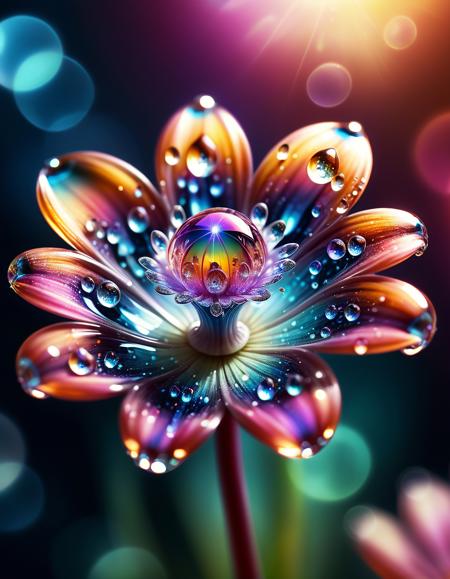 macro photo, sparkling magical fantasy glass flower dewdrop, very detailed, amazing quality, intricate, cinematic light, highly detail, beautiful, surreal, dramatic, galaxy fantasy colors, <lora:SDXLFaeTastic2400:1>