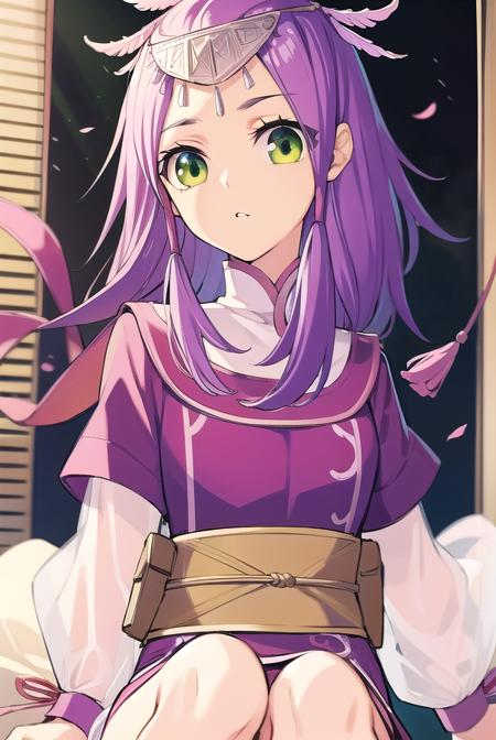 xiao yi xian, long hair, (green eyes:1.5), purple hair, long sleeves, dress, 