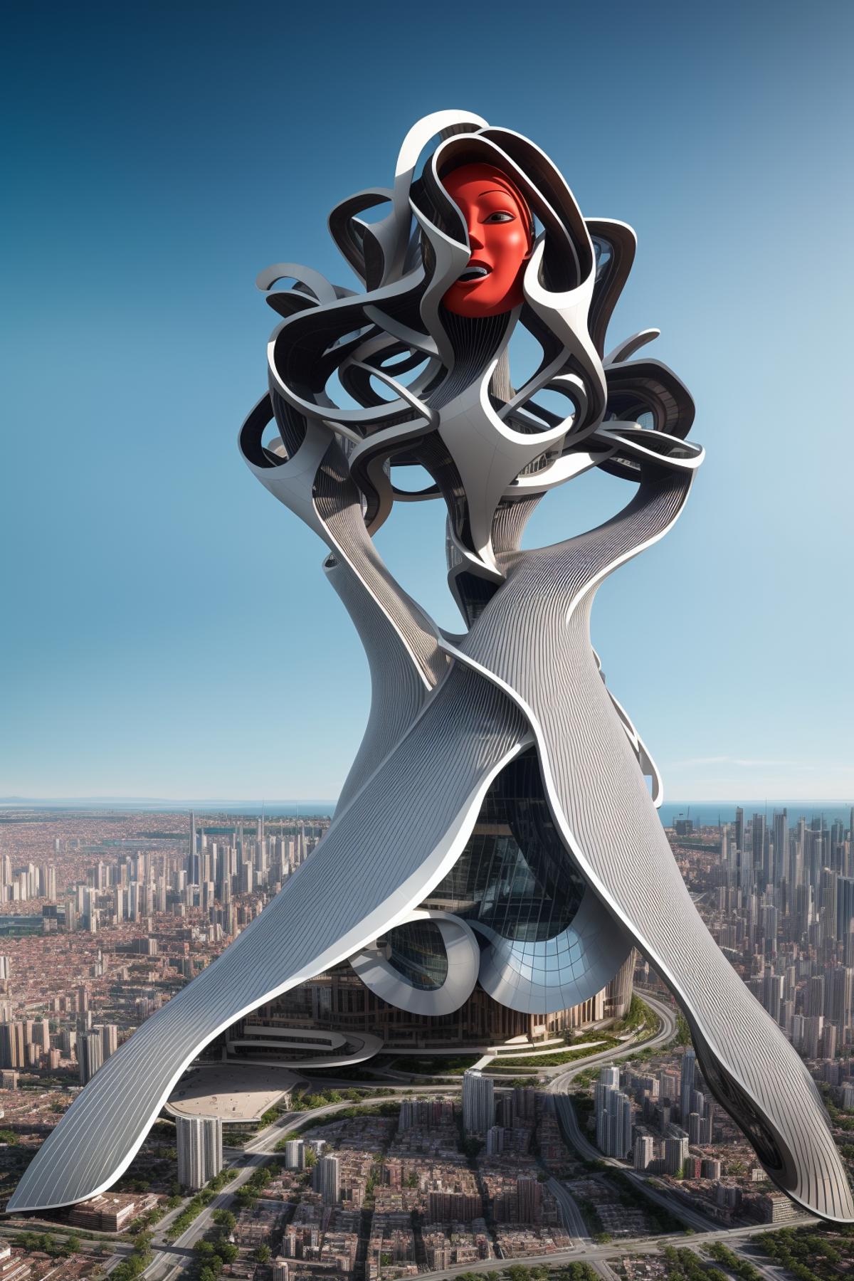 Futuristic Skyscraper with Giant Woman Statue at the Top