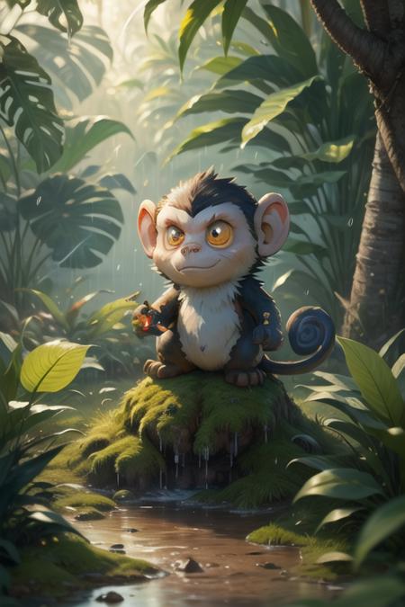 (8k, RAW photo, best quality, masterpiece:1.2), monkey,tail.looking at viewer, yellow fur, red eyes, jungle, tropical trees, green grass, colorful images, rain, <lora:Mynci:0.70>,mynci