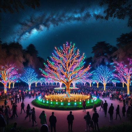 LED, colorful LED lights, trees decorated with colorful LED lights, City Park, people around the place, detailed background, detailed texture, Night sky.