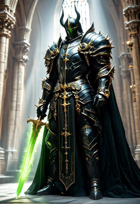 A dark and imposing figure stands in a majestic and dimly lit cathedral. The figure is clad in elaborate black Gothic armor adorned with gold-plated crosses and chains, holding a large sword in his hand (A green and black double-bladed sword with an ominous aura), giving off a religious yet sinister impression. His helmet is tall, almost bishop-like, with a faceless visor that does not reflect light, adding to the air of mystery. The figure holds a menacing staff, with a design of a spiked circular cross on top, which looks both ceremonial and like a weapon. The details of his armor include ornate carvings and mechanical components, blending medieval design with a futuristic, almost steampunk aesthetic. The atmosphere is solemn, with the dim, ethereal light from the cathedral's tall windows casting a cold glow on the dark figures, emphasizing the contrast between the shadows and the metallic details. <lora:Magic_of_Art_(FLUX).safetensors:1.0>, <lora:BeautyInEvilFlux.safetensors:0.75>,