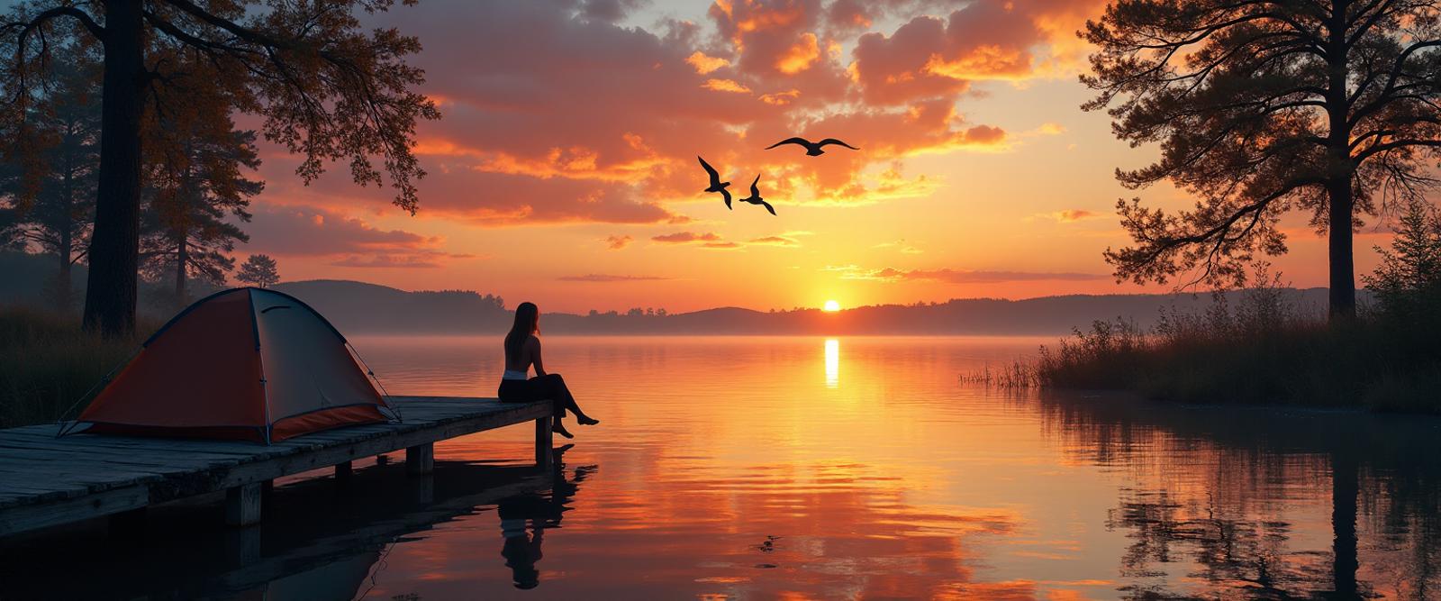 A serene sunset over a tranquil lake, with the sky painted in rich, vibrant hues of orange, pink, and gold. Silhouetted tall trees frame the shoreline, their detailed reflections rippling softly on the water's surface. A V-formation of geese flies southward, gracefully crossing the sky, adding a sense of seasonal transition. Near the shore, a well-pitched, meticulously detailed tent suggests an outdoor adventure. At the end of a weathered, intricately textured wooden pier, a beautiful, solitary woman with flowing hair sits with her feet just above the mirrored surface, lost in the stunning view of the sunset. The scene is captured with high detail and a professional, artistic style, emphasizing the harmony of colors and the peaceful solitude of nature.