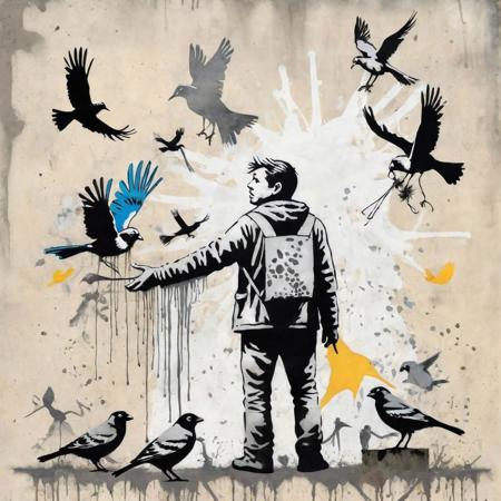 sprayed poster with birds, a man and animals, in the style of mixed media autobiographical work, Banksy Style page