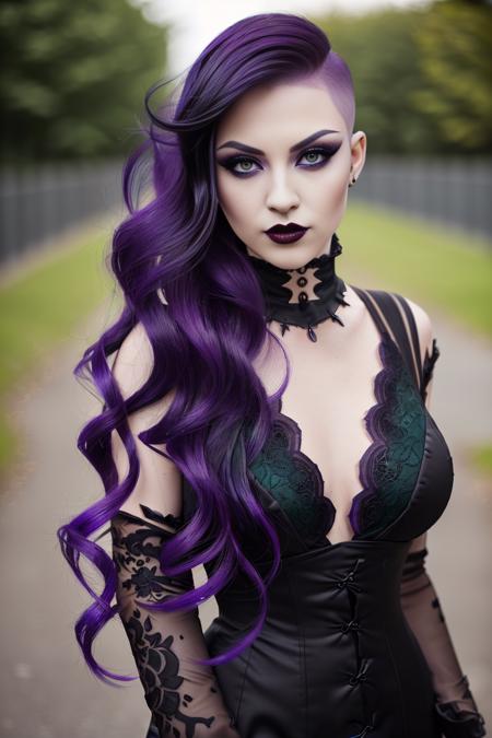 photo of a goth woman, (undercut:1.3), long black hair, detailed green eyes, purple makeup, blurry background, bokeh, outdoors, night, dslr, d850 <lora:undercut_sd15_640x8:0.5>