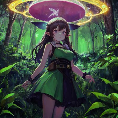 absurdres, highres, best quality, 1girl, large breasts, pointy ears, green dress, fairy wings, night, glow, (glowing:1.3), black background, standing, facing viewer, forest, magic, fireflies  <lora:TurtleLily:1>