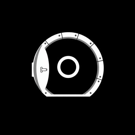 (stylized 2D, vector art), (schematic representation of an cellar trapdoor), (solid colors, thick-linework), white outline, black background, trapdoor symbol white in the center, black background, HDR, UHD, overall design is square