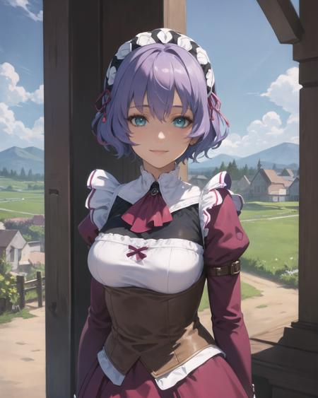 best quality, (masterpiece:1.2), illustration, absurdres,
(1girl, solo), (beautiful detailed girl), (upper body, portrait),,
<lora:SharonMaid-08:0.85>, Sharon Kreuger, lavender hair, short hair, aqua eyes, medium breasts,
maid headdress, burgundy maid outfit, long skirt, frills, brown boots,
medieval farming village, farm, clouds, sky,
looking at viewer, gentle smile