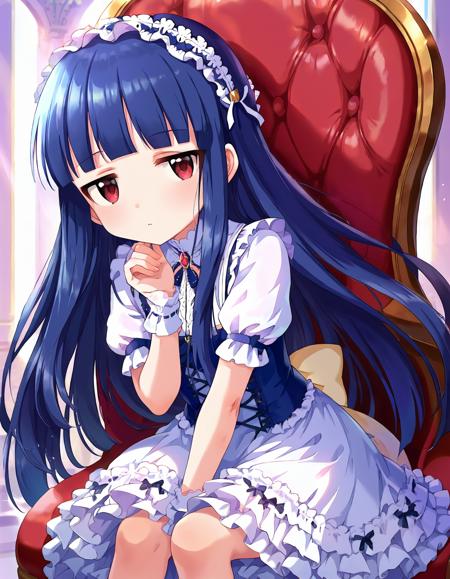 sjykm, sjykm, short petite, long hair, blue hair, blunt bangs, blunt ends,  red eyes,  sidelocks, flat chest, shy, score_9, score_8_up, score_7_up, source_anime,