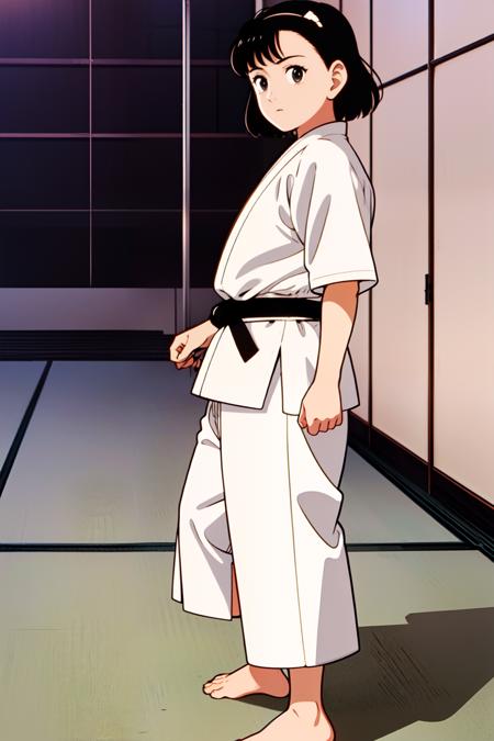 YAWARA \(YAWARA!\), (Urasawa_Naoki style), 1girl, solo, solo focus, YAWARA \(YAWARA!\), ((Urasawa_Naoki style)), short hair, black haie, black eyes, white Judo-uniform, white Judo-pants, ((red belt:1.2)), bare feet, 1 side-up short-tail, white inner shirt, Judo master, standing, ((upper body, face close-up, Face focus, from front, front view, head on, looking at viewer)), 1girl, solo, solo focus, YAWARA \(YAWARA!\), ((Urasawa_Naoki style)), 18yo, short hair, black hair, black eyes, middle brests, one-side-up short-tail, (((camisole, miniskirt, Long knee high socks, absolute territory, sneakers))), standing, ((upper body, face close-up, Face focus, from front, front view, head on, looking at viewer)),