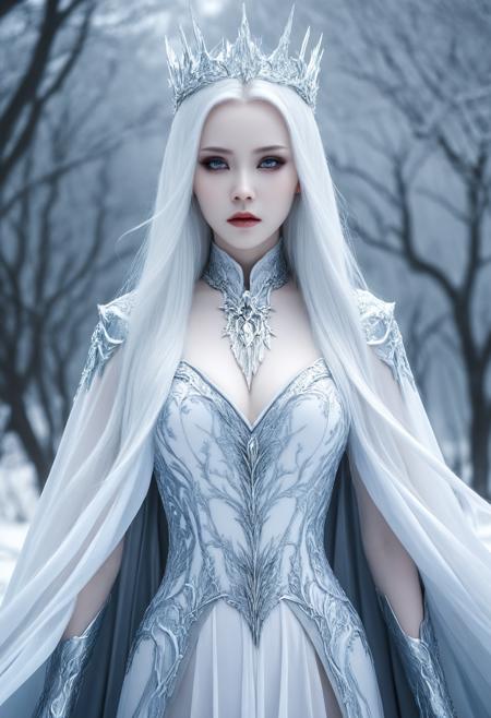 Gothic style Tilt-shift photo of  <lora:Abstract Concept-Chaos:0.25>, . , .Selective focus, highly detailed, vibrant, perspective control,, <lora:Waifu Style-Du Qiong-000008:0.25>,Du Qiong,, fantasy artwork concept,ice queen,beautiful ancient frost queen,ghostblade,long straight pure-white hair,very pale silvery-gray eyes,extremely pale porcelain-like skin,slender and graceful,tall and statuesque,flowing high-collared dresses and cloaks in shades of white,gray,and silver,by WLOP,by Bayard Wu, . Dark, mysterious, haunting, dramatic, ornate, detailed