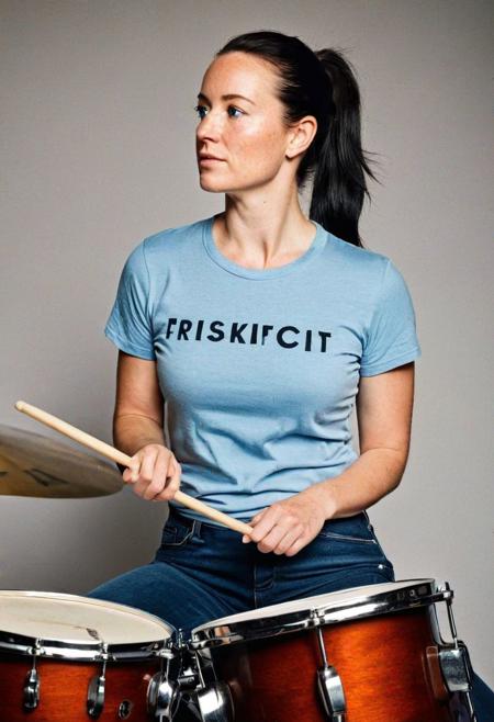 Stunning analog photo of a beautiful 38 years old Dutch woman, sideview, t-shirt, jeans, perfect face, absolute beauty, sexy pose, natural raven black hair, ponytail, blue eyes, freckles, freckles and moles all over body, absolute perfect tits, big tits, soft natural tits, absolute perfect nipples, in Abbey Road Studio's, playing drums, drumming, headphones,  soft natural light,