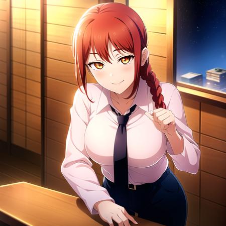 makima \(chainsaw man\), best quality, ultra detailed, 1girl, solo, standing, red hair, long braided hair, golden eyes, bangs, medium breasts, white shirt, necktie, stare, smile, looking at viewer, (interview:1.3)